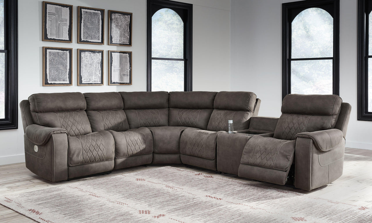 Hoopster - Gunmetal - Zero Wall Power Recliner With Console 6 Pc Sectional Tony's Home Furnishings Furniture. Beds. Dressers. Sofas.