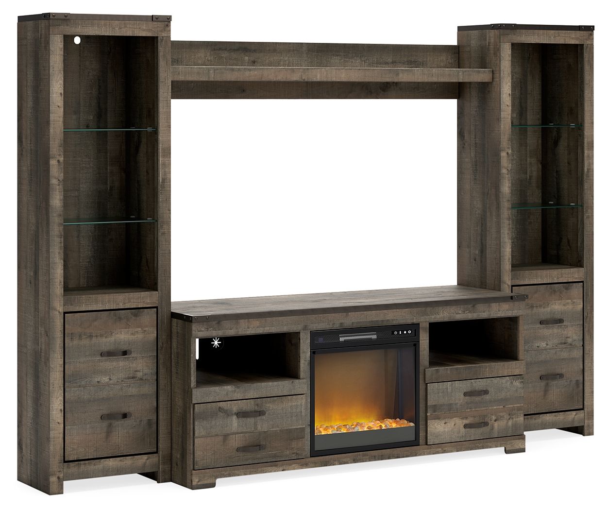 Trinell - Brown - 4-Piece Entertainment Center With Glass/Stone Fireplace Insert Tony's Home Furnishings Furniture. Beds. Dressers. Sofas.