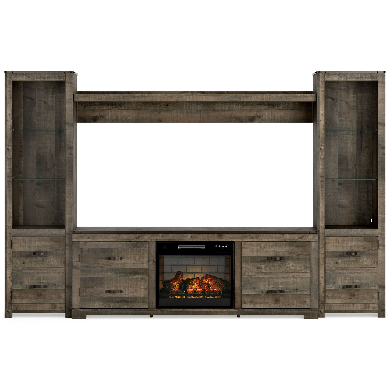 Trinell - Brown - 4-Piece Entertainment Center With Faux Firebrick Fireplace Insert Tony's Home Furnishings Furniture. Beds. Dressers. Sofas.