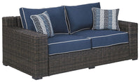 Thumbnail for Grasson - Brown / Blue - Loveseat W/Cushion Tony's Home Furnishings Furniture. Beds. Dressers. Sofas.