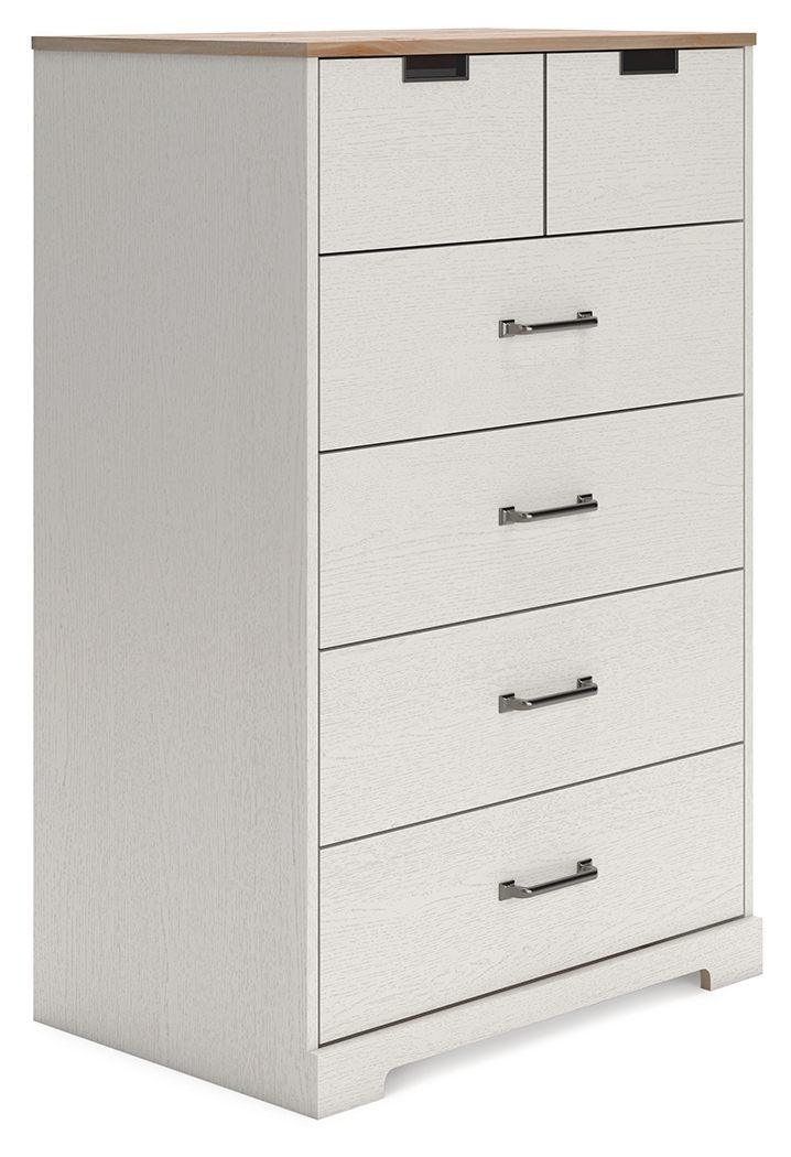 Vaibryn - White / Brown / Beige - Five Drawer Chest - Vinyl-Wrapped Tony's Home Furnishings Furniture. Beds. Dressers. Sofas.