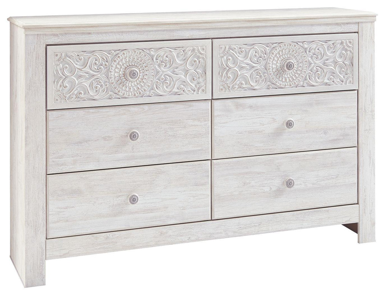 Paxberry - Whitewash - Six Drawer Dresser - Medallion Drawer Pulls Tony's Home Furnishings Furniture. Beds. Dressers. Sofas.