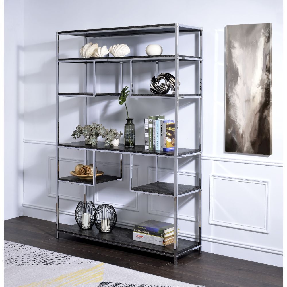 Vonara - Bookshelf - Rustic Gray Oak & Chrome - Tony's Home Furnishings