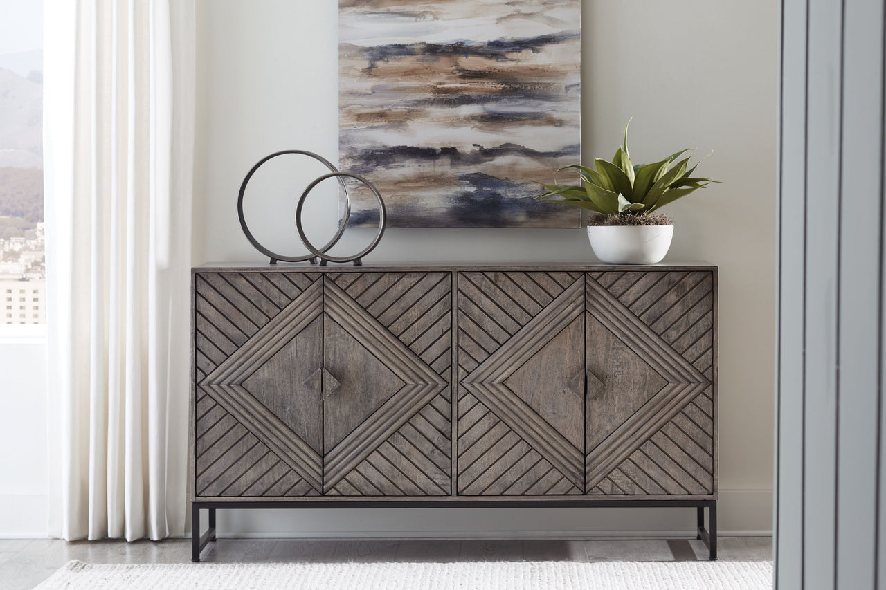 Treybrook - Distressed Gray - 4 Door Accent Cabinet Tony's Home Furnishings Furniture. Beds. Dressers. Sofas.