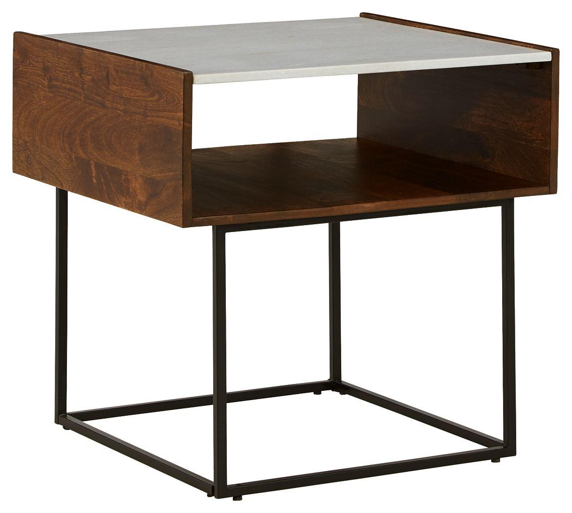 Rusitori - Brown / Beige / White - Rectangular End Table Tony's Home Furnishings Furniture. Beds. Dressers. Sofas.
