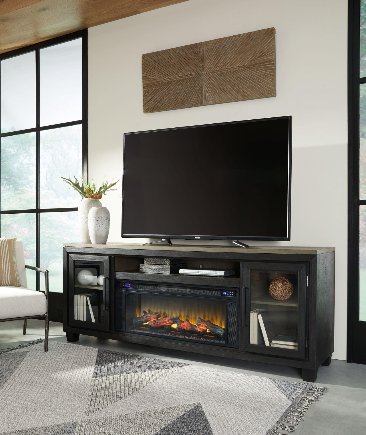 Foyland - Black / Brown - 83" TV Stand With Electric Infrared Fireplace Insert Tony's Home Furnishings Furniture. Beds. Dressers. Sofas.