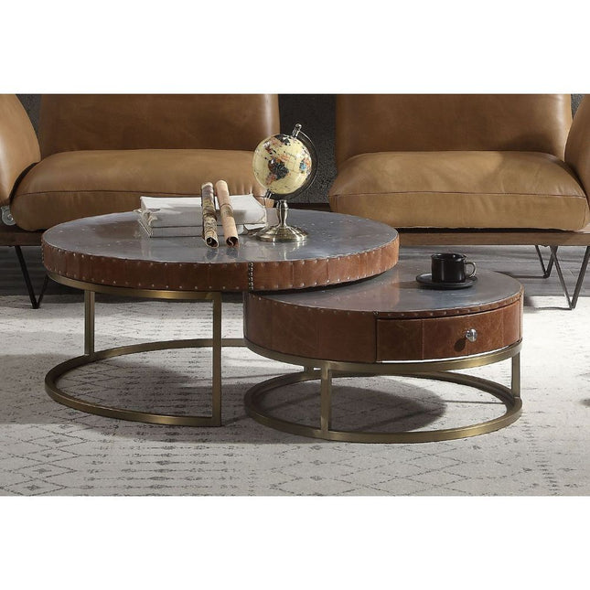 Tamas - Coffee Table - Aluminum & Cocoa Top Grain Leather - 16" - Tony's Home Furnishings