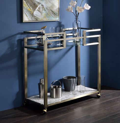 Neilo - Kitchen Cart - Clear Glass, Faux Marble & Wire Brass Finish - Tony's Home Furnishings