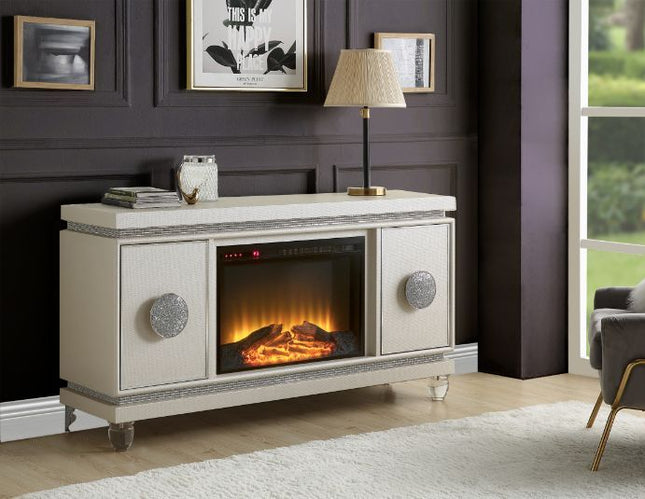 Noralie - Fireplace - Ivory PU & Faux Diamonds - Tony's Home Furnishings