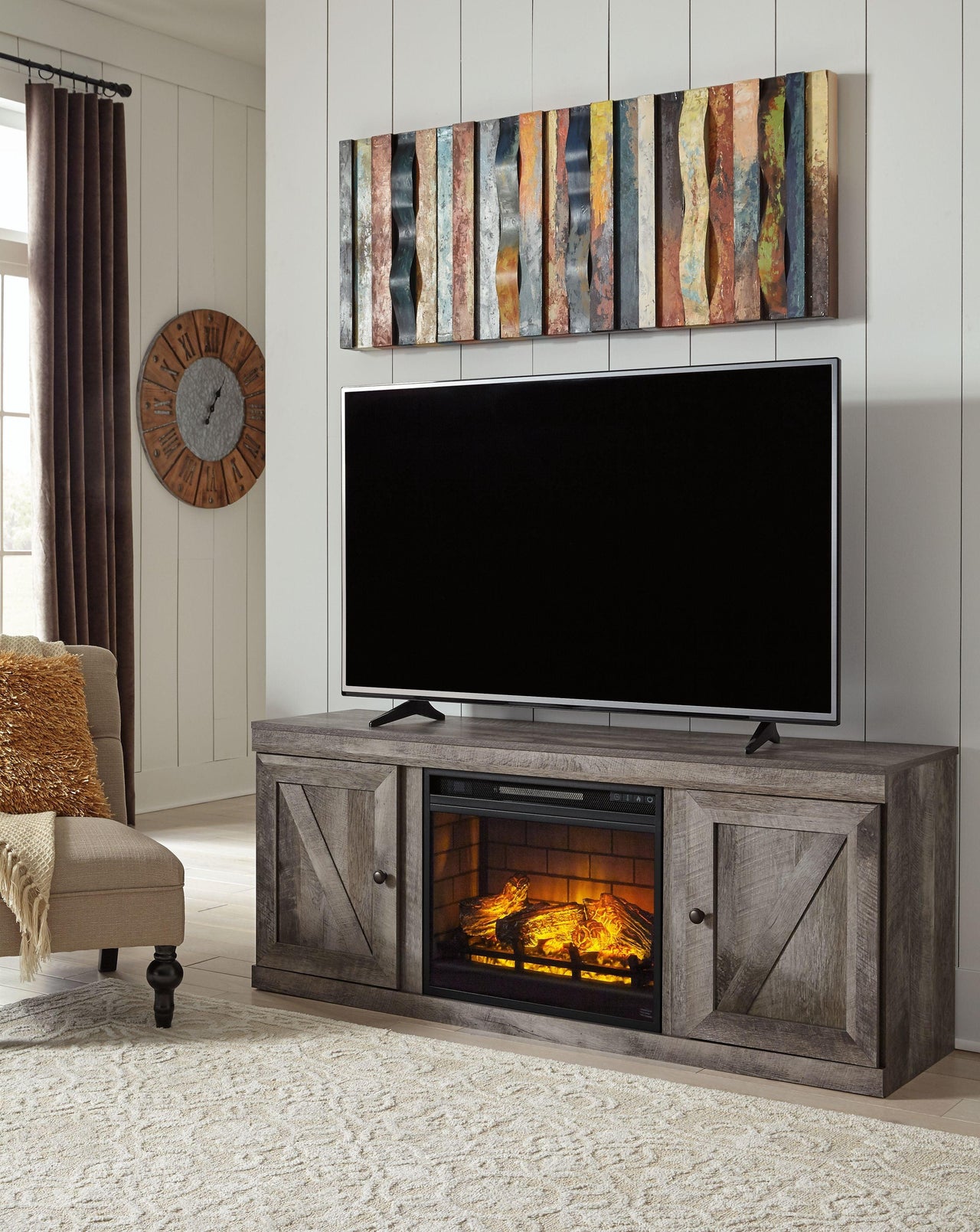 Wynnlow - Gray - TV Stand With Faux Firebrick Fireplace Insert Tony's Home Furnishings Furniture. Beds. Dressers. Sofas.