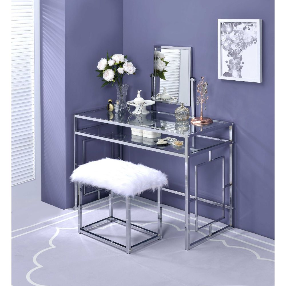 Carenze II - Vanity Desk - White Faux Fur & Chrome - Tony's Home Furnishings